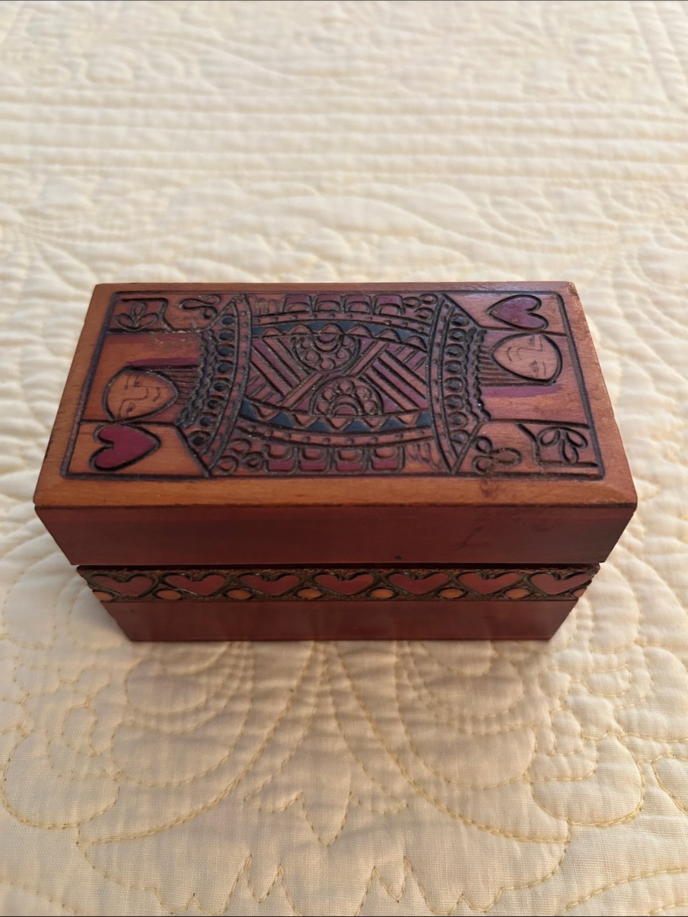 Vintage hand-carved Wooden playing cards Box with Queen of Hearts Motif